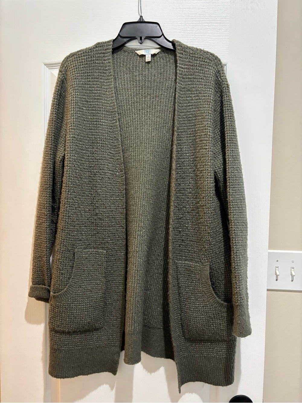 Time and Tru Olive Open-Front Long Cardigan